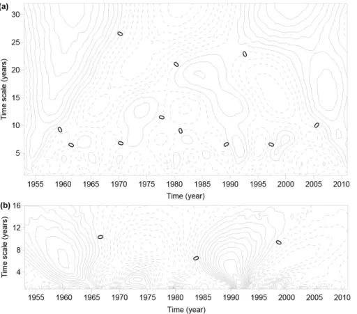 Figure 3. Real parts of the Morlet (a) and Mexican Hat (b) wavelet transform coefficients of the annual precipitation at Dongtai during 1953–2011.