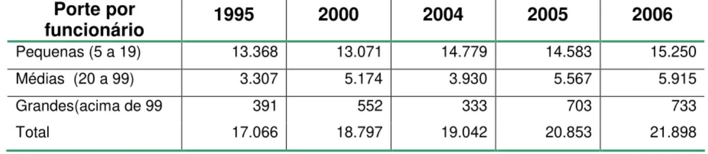 Tabela 2 -  Brasil: Número de empresas de confecção, segundo o porte por número  de funcionários entre 1995 e 2006