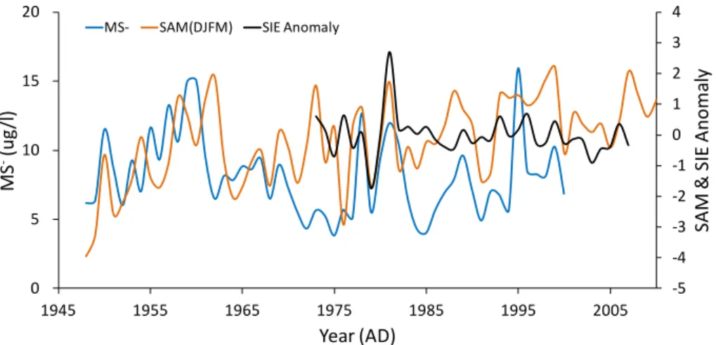 Fig. 4. Variations of the summer Southern Annular Mode (SAM); MS − in LGB69; and the August to October SIE anomaly (non-dimensional) for 70–100 ◦ E over the last five decades.