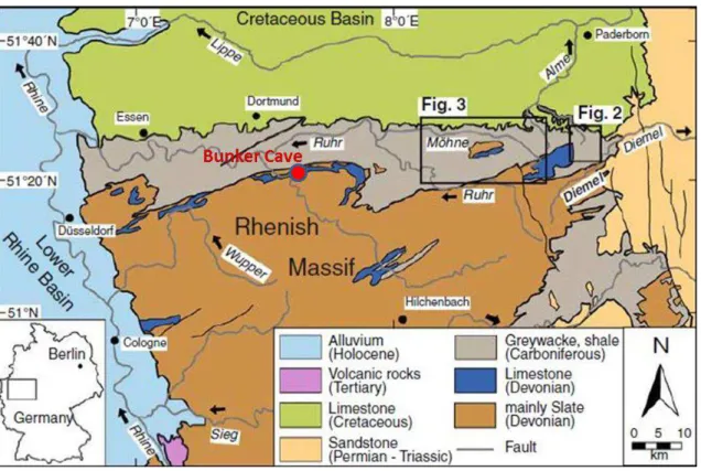 Figure 2  - Geological map of the Rhenish Slate Mountains. The black line between mainly slate  Devonian  rocks  and  the  greywacke,  shale  carboniferous  rock  represent  the  important  Devonian/carboniferous event