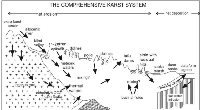 Figure  3   -  The  comprehensive  karst  system:  a  composite  diagram  illustrating  the  major  phenomena encountered in active karst terrains