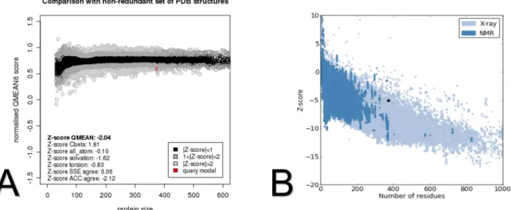 Fig 5. Validation of the in silico modeled hnRNPA1 structure by Qmean and ProSA web. (A) Structure validation by Qmean, which shows the quality of a structure when compared to a non-redundant set of PDB structures of the same size