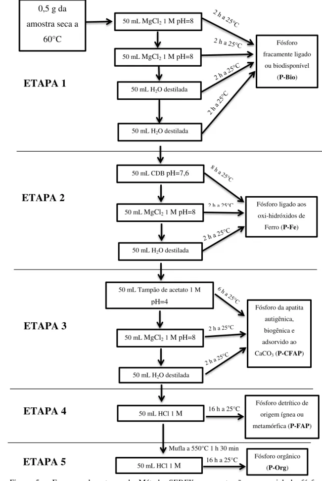 Figura  5  –   Esquema  das  etapas  do  Método  SEDEX,  para  extração  sequencial  do  fósforo  sedimentar, modificado de Ruttenberg (1992) e Huerta-Diaz et al