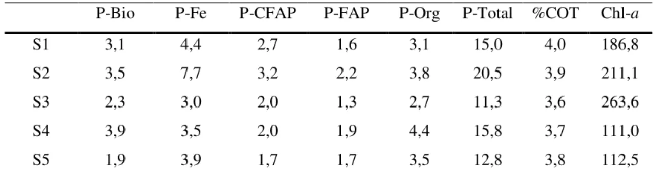 Tabela  4  -  Concentrações  das  formas  de  fósforo  sedimentar  em  μmol  P  g -1 ,  percentual  de  carbono  orgânico  total  (%COT)  e  os  teores  de  clorofila-a  (Chl-a)  em  μ g  g -1 ,  nos  sedimentos  superficiais do Estuário do Rio Coreaú, Cam