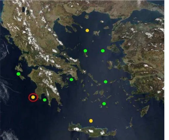 Fig. 1. The POSEIDON buoy network. Green dots indicate coastal buoys while yellow deep sea observatories