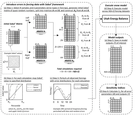 Figure 2. Conceptual diagram showing methodology for imposing errors on the forcings with error parameters (θ) within the Sobol’ sensitivity analysis framework, and workflow for model execution and calculation of sensitivity indices on model outputs (Y ).