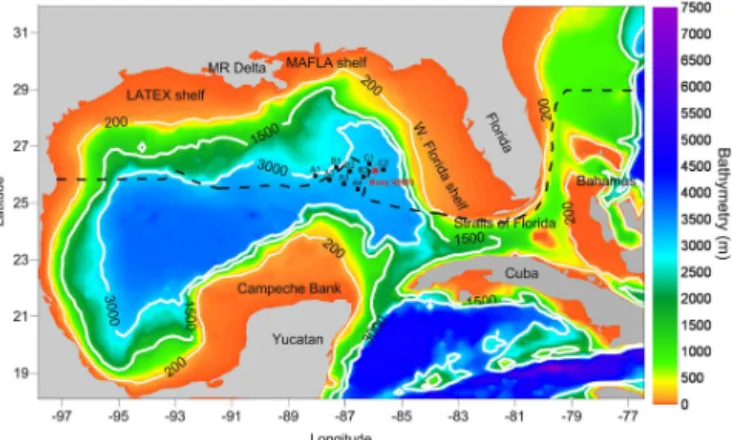 Figure 1. The Gulf of Mexico (GoM) bathymetry (contours in m) and GoM-HYCOM model domain