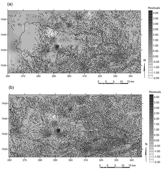 Fig. 4 – Residual maps of speciﬁc capacity of wells that exploit the Crystalline Aquifer System with the lineaments traced from (a) the radar images in 1:250.000 scale and (b) the aerial photography in 1:60.000 scale.