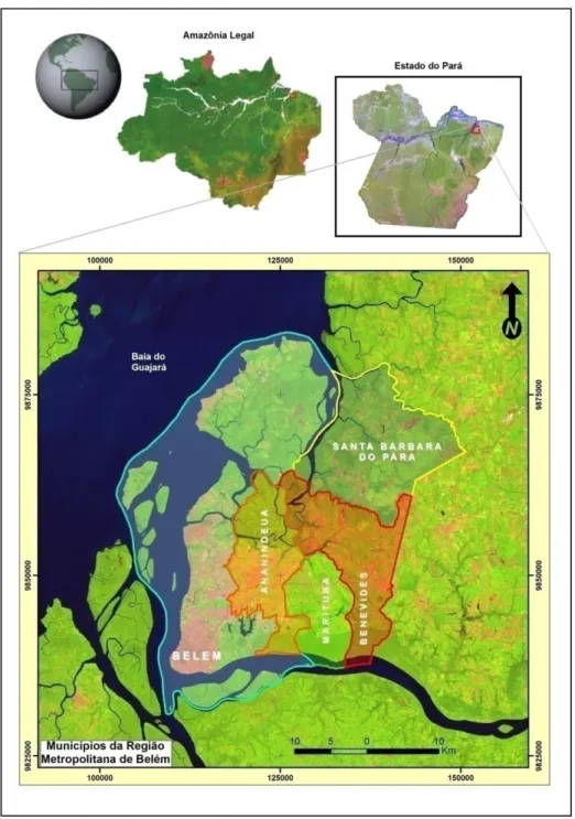 Figura 2. Mapa da  Região Metropolitana de Belém. Fonte: base cartográfica (IBGE, 2005) e imagem  Landsat  TM- R3G4B5(Inpe, 2004)