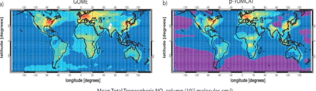 Fig. 1. Comparison of (a, b) annual 5-year mean p-TOMCAT tropospheric NO 2 columns and (c, d) their standard deviation, with GOME observations