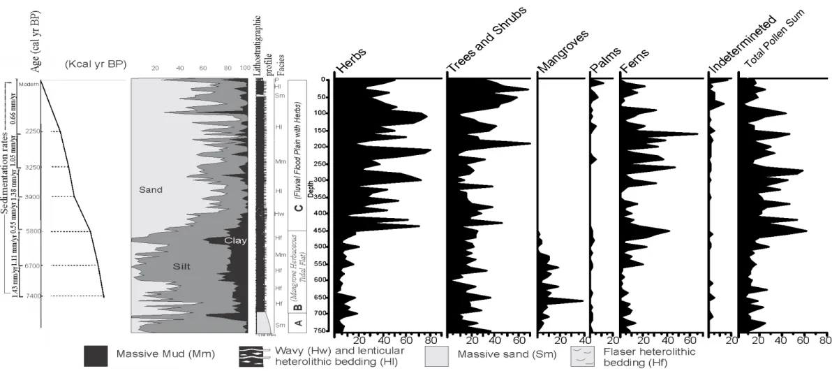 Figure  3-  Summarized  results  for  core  PR8  with  variation  as  a  function  of  core  depth  showing  chronological  and  lithological  profiles  with  sedimentary  facies,  as  well  as  ecological pollen