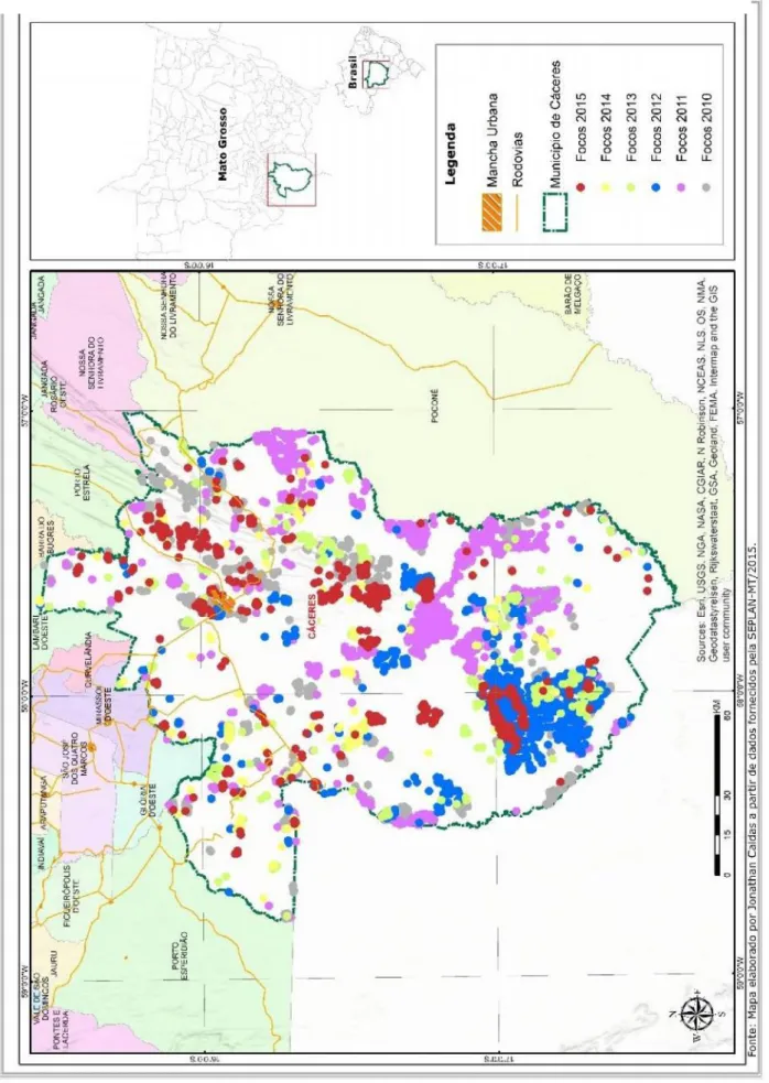 Figura 1 - Mapa  com  pontos  espacializados  dos  focos  de  Calor  dos  anos  de  2010  a  2015  no  município  de Cáceres