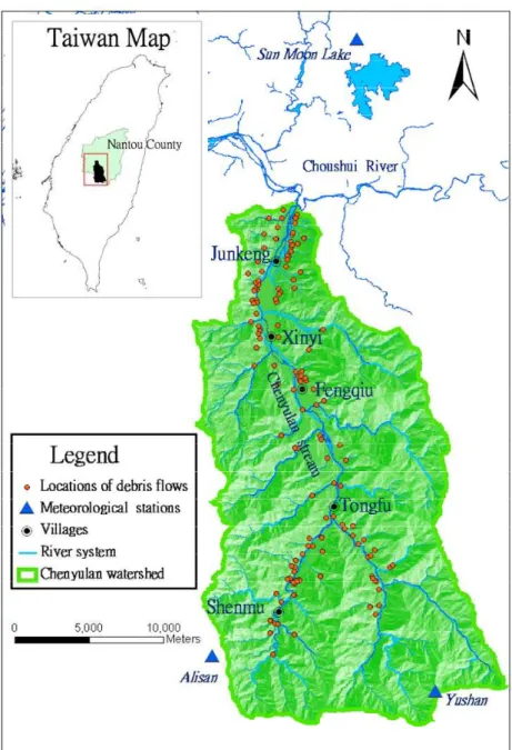 Fig. 1. Locations of debris flows and meteorological stations in the Chenyulan watershed (Modified from Chen et al., 2012).
