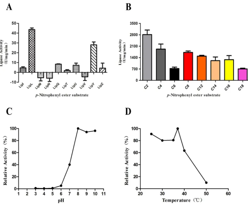 Fig 1. Analysis of lipase activity. (A) The total lipase activities were assayed using cell lysate supernatants from the 10 recombinant M