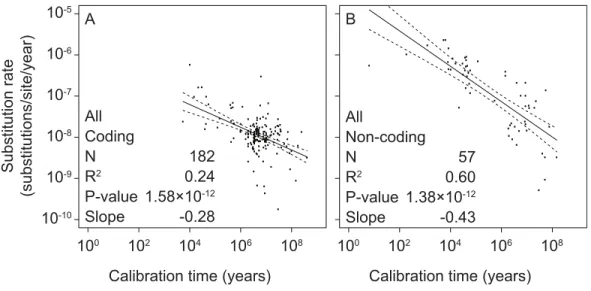 Figure 1 Linear regressions of log-transformed rate estimates from mitochondrial markers in a range of metazoan taxa against the log-transformed calibration times that were used to estimate the rates