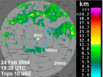 Fig. 3. TITAN-generated image (MDV format) of the storm com- com-plex on 24 February 2004 at 22:30 UTC