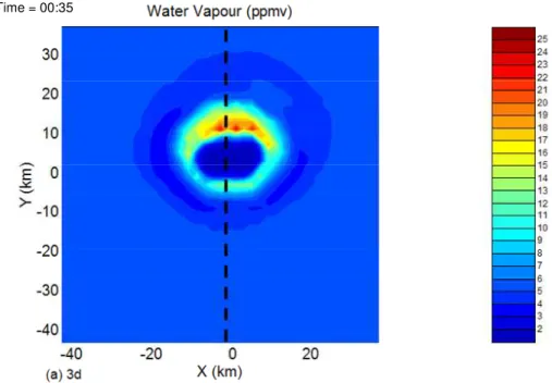 Fig. 6. Horizontal cross-sections at a height of 16.5 km of the water vapour mixing ratio at 35 min of simulation time for the 3-D case