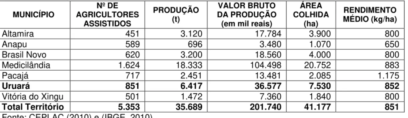 Tabela  04  -  Dinâmica  econômica  da  cultura  do  cacau  nos  municípios  produtores  do  Território  da  Transamazônica, em 2009  MUNICÍPIO  Nº DE  AGRICULTORES  ASSISTIDOS  PRODUÇÃO (t)  VALOR BRUTO  DA PRODUÇÃO (em mil reais) 