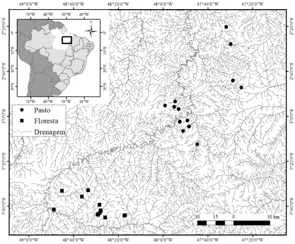 Figura  1.  Localização  dos  26  riachos  amostrados  em  áreas  de  floresta  (quadrados)  e  áreas  de  pastagem  (círculos) na bacia do rio Capim, Amazônia Oriental