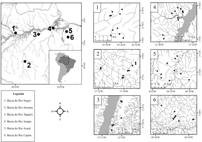 Figura  1.  Localização  das  seis  bacias  de  estudo  amostradas  na  Amazônia.  Foram  amostrados  57  riachos nos períodos de seca de 2012 a 2015