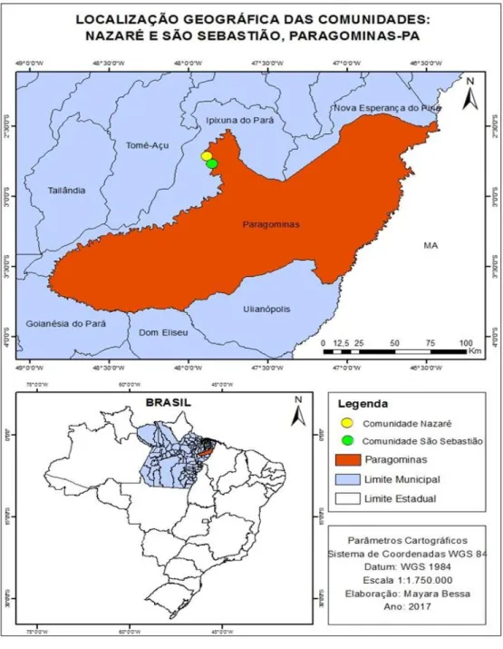 Figura  1.  Localização  das  áreas  de  estudo,  as  comunidades  Nazaré  e  São  Sebastião,  no  município de Paragominas, Pará 