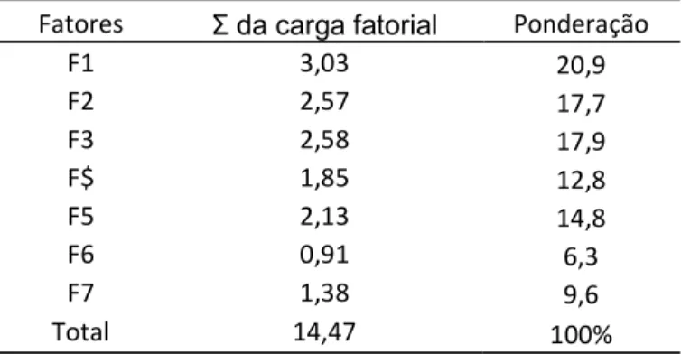 Tabela 6.5- Cálculo dos pesos dos sete subconjuntos  Fatores  Ʃ da carga fatorial  Ponderação  