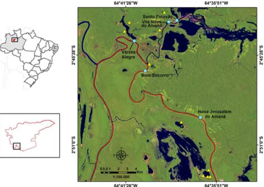 Fig 2. Location of the Amanã Sustainable Development Reserve (RDSA), the communities involved in the study and the matupás inventoried