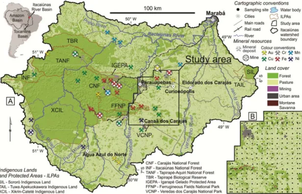Figura 1 - Mapa de localização da área de estudo localizada no sudeste do Estado do Pará, abrangendo  os  municípios  de  Parauapebas,  Curionópolis  e  Canaã  dos  Carajás  (A)