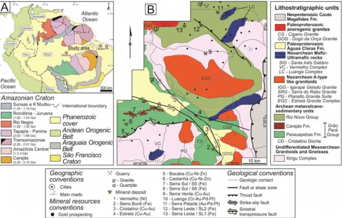 Figura 2 - Principais províncias do Craton Amazônico, Norte da América do Sul (A). Mapa geológico  da área de estudo (B)