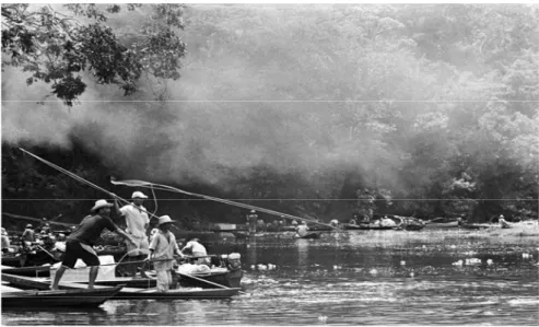 Figura  1.  Pescadores  utilizam  o  tradicional  arpão  preso  a  uma  haste  para  fisgar  e  capturar  o  pirarucu  (Arapaima  gigas)