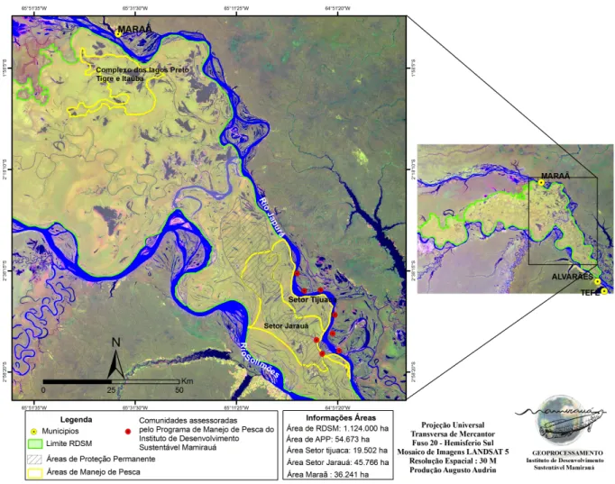 Figura  6.  Localização  dos  setores  que  realizam  o  manejo  de  pirarucu  na  Reserva  de  Desenvolvimento  Sustentável Mamirauá (RDSM)