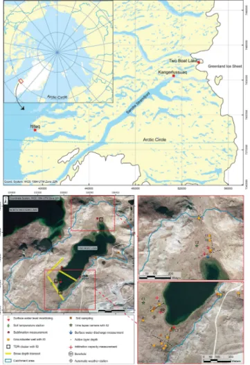Figure 1. The regional area of Kangerlussuaq and the TBL catchment, installations and sam- sam-pling points.