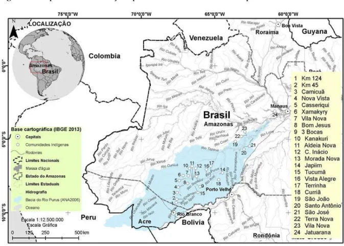 Figura 1: Mapa com a localização aproximada das comunidades Apurinã estudadas. 1   