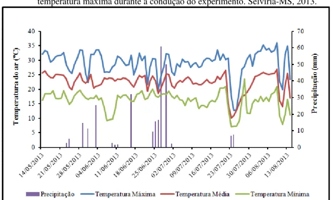 Figura 1- Dados de precipitação pluvial, temperatura mínima, temperatura média e  temperatura máxima durante a condução do experimento