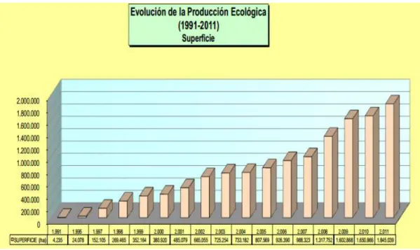 Gráfico 2 - Evolução da produção ecológica na Espanha entre 1991 e 2011. 