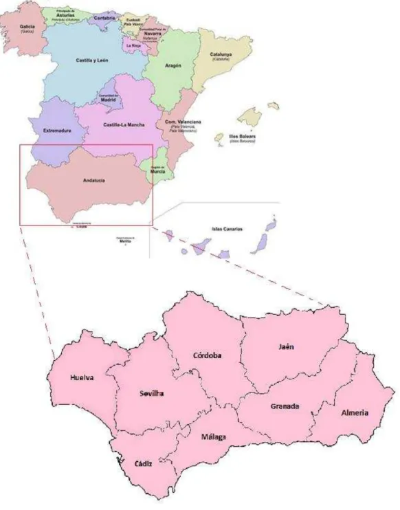 Figura 6 - Mapa Espanha, Andaluzia com províncias. 