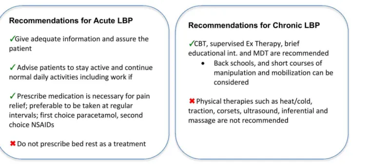 Fig 1. Summary of conservative treatment recommendations in the European LBP guidelines.