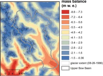Figure 5 shows examples of modeled glacier growth for the Bow River basin with no change in mass balance  out-side the glacier boundary but with increases in mass balance for glacierized areas within the basin ranging from 1.3 m to 1.7 m (Fig