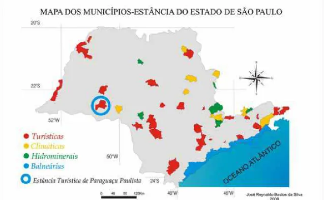 FIGURA 1: Mapa dos municípios-estância do Estado de São Paulo e a Estância  Turística de Paraguaçu Paulista (SP)