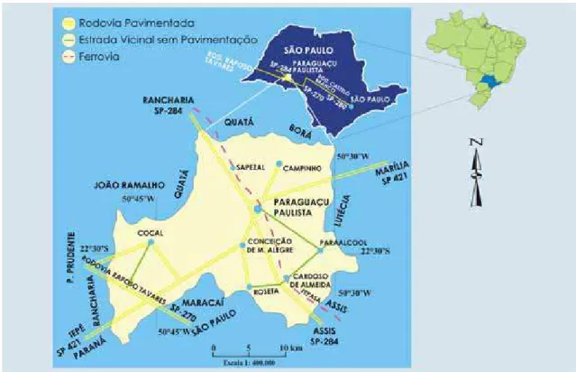 FIGURA 2: Mapa da localização e vias de acesso de Paraguaçu Paulista (SP). 