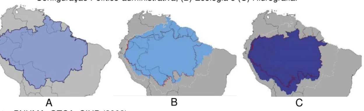 Figura  3  –   Principais  critérios  para  definição  dos  limites  geográficos  da  Amazônia:  (A)  Configuração Político-administrativa, (B) Ecologia e (C) Hidrografia