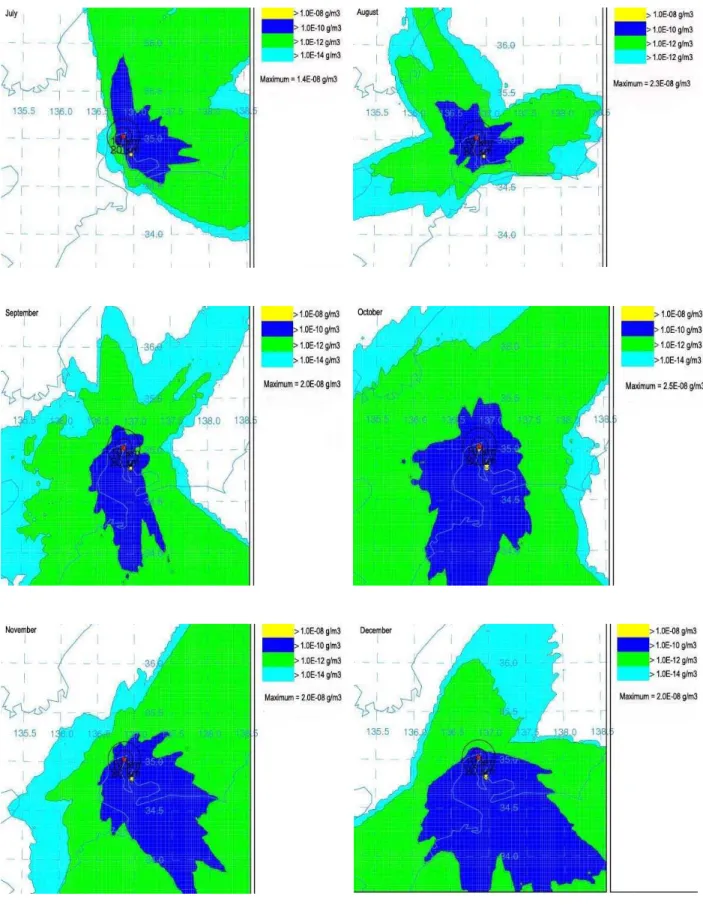 Figure 3. Monthly average concentration distribution of mercury vicinity of two large point sources in  the coastal area of Japan, calculated with Hybrid Single Particle Lagrangian Integrated trajectory Model 