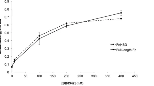 Figure 5. BB0347 interacts with the heparin-binding domain of Fn. An ELISA was performed analyzing the binding of recombinant BB0347 to both full-length Fn and the heparin-binding domain of Fn
