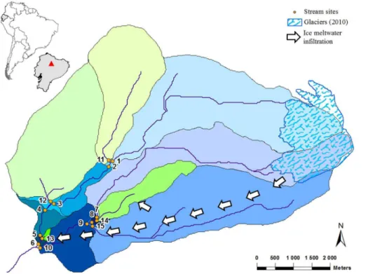 Fig. 1. Study area at the Antisana Volcano, Ecuador. Stream sites are represented by orange circles