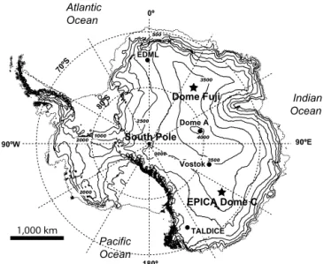 Figure 1. Map of the continent of Antarctica with elevation con- con-tours every 500 m