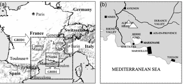 Fig. 1. (a) Geographical map and configuration of nested grids, grid 2 represents the ES- ES-COMPTE domain; (b) A zoom on grid 2 with location of some observation stations.