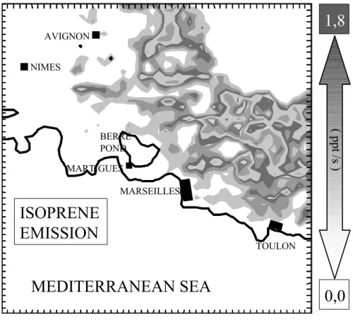 Fig. 3. Isoprene emission map for an ordinary day of July at 12:00 UTC.