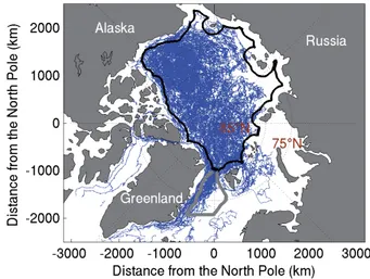 Fig. 1. Map of the Arctic Basin showing the buoy trajectories of the IABP dataset. The positions are sampled every 3 h from  Jan-uary 1979 to December 2008 and plotted following a stereographic projection centered on the North Pole
