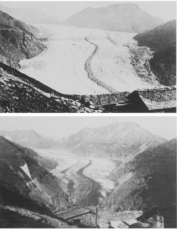 Fig. 1 und 2: Gletscherschwund in den Alpen, veranschaulicht am Beispiel des Großen Aletschgletschers (aus Holzhauser, 1984).