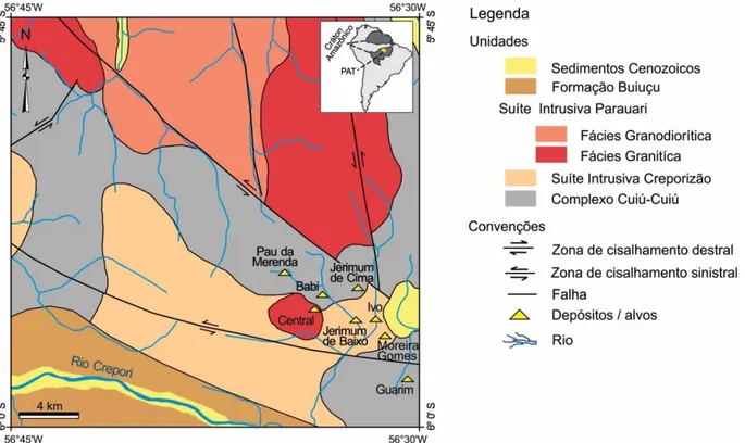 Figura  2.  Mapa  geológico  da  região  de  Cuiú-Cuiú  com  a  localização  do  alvo Jerimum  de  Baixo,  entre  outros  jazimentos (Moura et al., 2014).